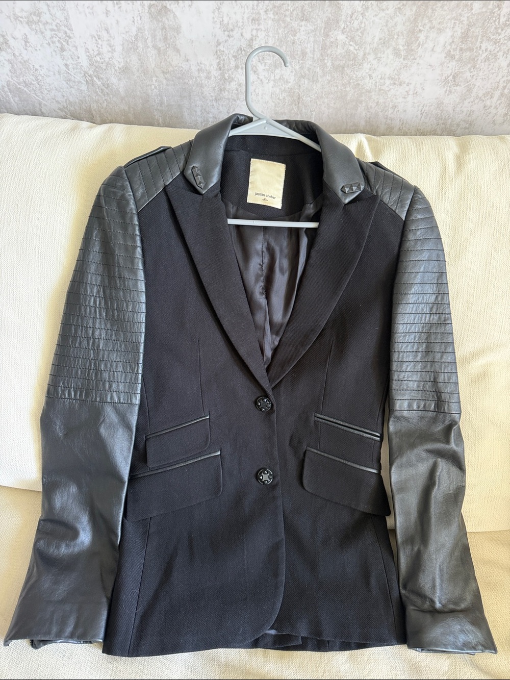 Jessica Simpson Black Mixed-Material Blazer with Quilted Sleeves